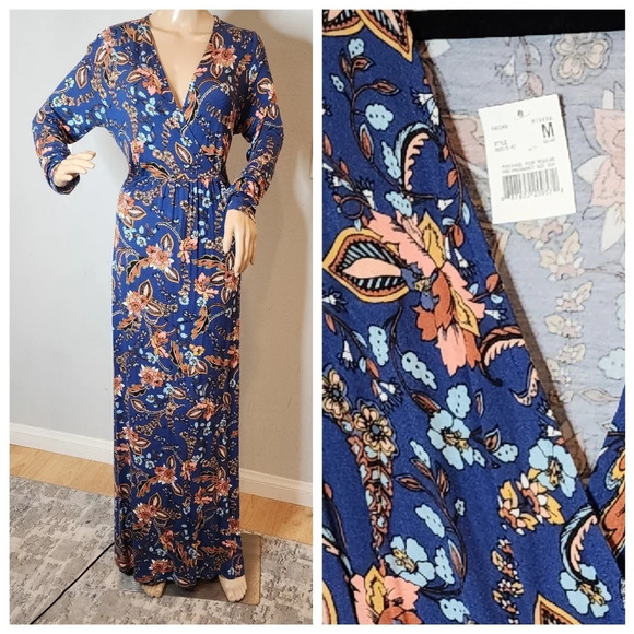 NWT Motherhood Maternity Jersey Blue Floral Long Sleeve maxi dress.  Size medium - Picture 1 of 15